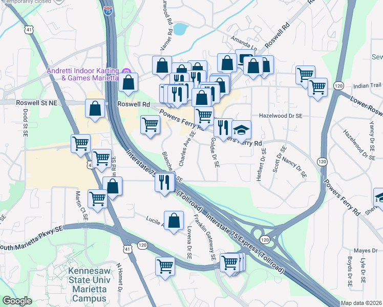map of restaurants, bars, coffee shops, grocery stores, and more near 170 Mathews Circle Southeast in Marietta