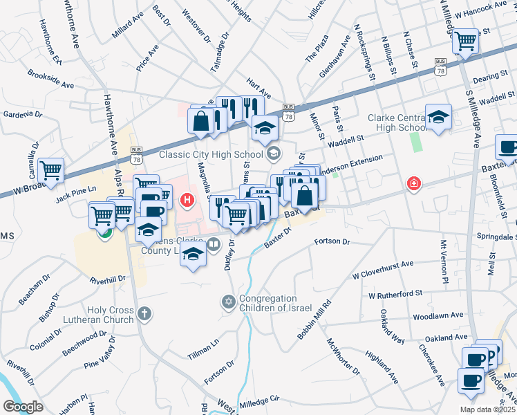 map of restaurants, bars, coffee shops, grocery stores, and more near 293 Evans Street in Athens