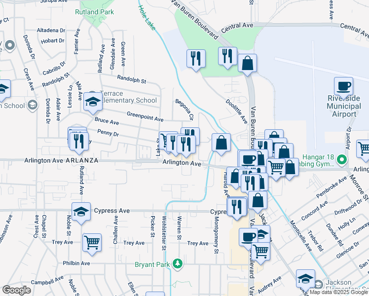 map of restaurants, bars, coffee shops, grocery stores, and more near 8186 Zinnia Place in Riverside