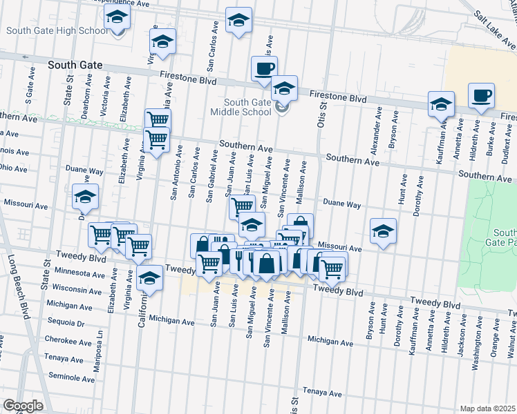 map of restaurants, bars, coffee shops, grocery stores, and more near 9504 San Miguel Avenue in South Gate