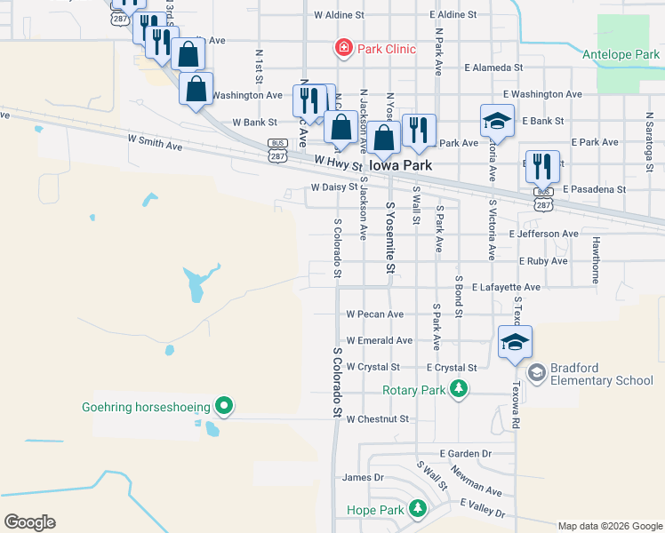 map of restaurants, bars, coffee shops, grocery stores, and more near 307 South Colorado Street in Iowa Park