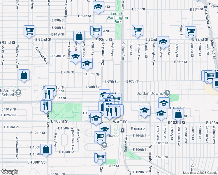 map of restaurants, bars, coffee shops, grocery stores, and more near 9802 Defiance Avenue in Los Angeles