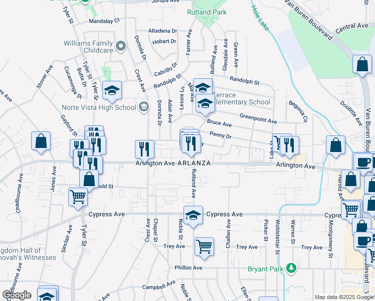map of restaurants, bars, coffee shops, grocery stores, and more near 6449 Rutland Avenue in Riverside