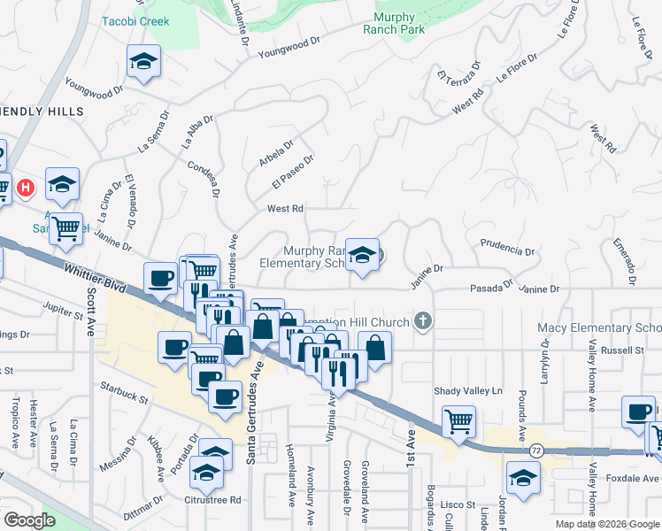 map of restaurants, bars, coffee shops, grocery stores, and more near 15952 El Soneto Drive in Whittier