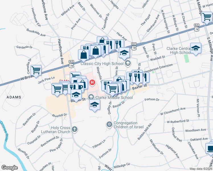 map of restaurants, bars, coffee shops, grocery stores, and more near 225 Rose Street in Athens