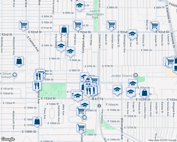 map of restaurants, bars, coffee shops, grocery stores, and more near 9802 Defiance Avenue in Los Angeles