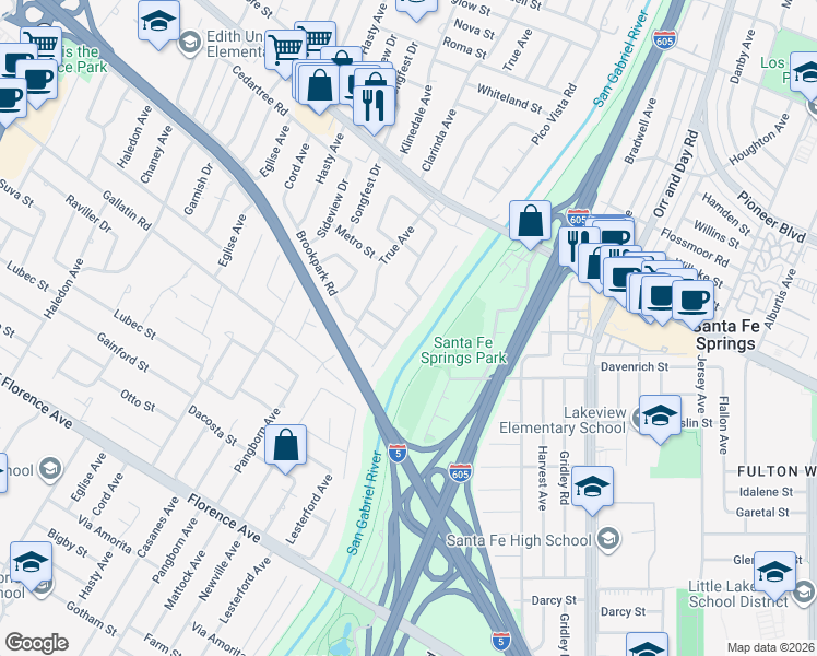 map of restaurants, bars, coffee shops, grocery stores, and more near 9732 Brookgreen Road in Downey