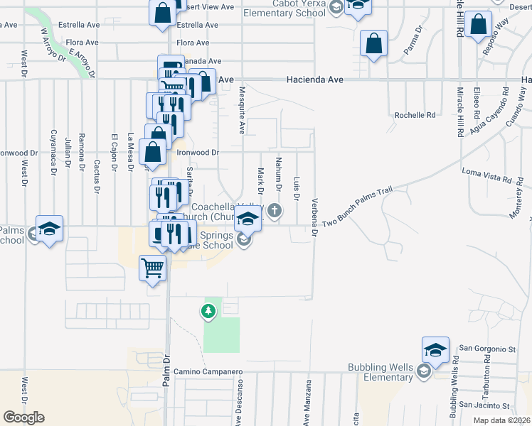 map of restaurants, bars, coffee shops, grocery stores, and more near 13849 Mark Drive in Desert Hot Springs
