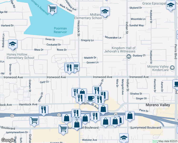 map of restaurants, bars, coffee shops, grocery stores, and more near 24116 Seton Place in Moreno Valley