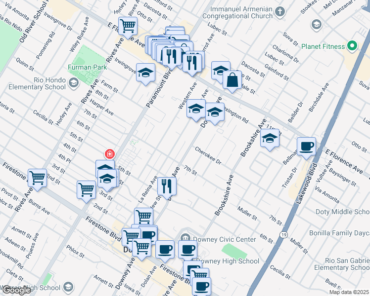 map of restaurants, bars, coffee shops, grocery stores, and more near 10515 Downey Avenue in Downey
