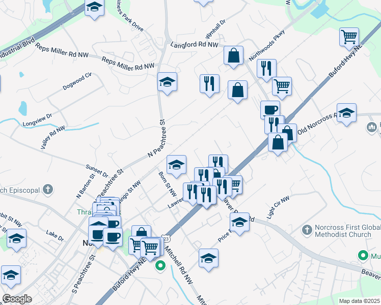 map of restaurants, bars, coffee shops, grocery stores, and more near 136 Beutell Street Northwest in Norcross