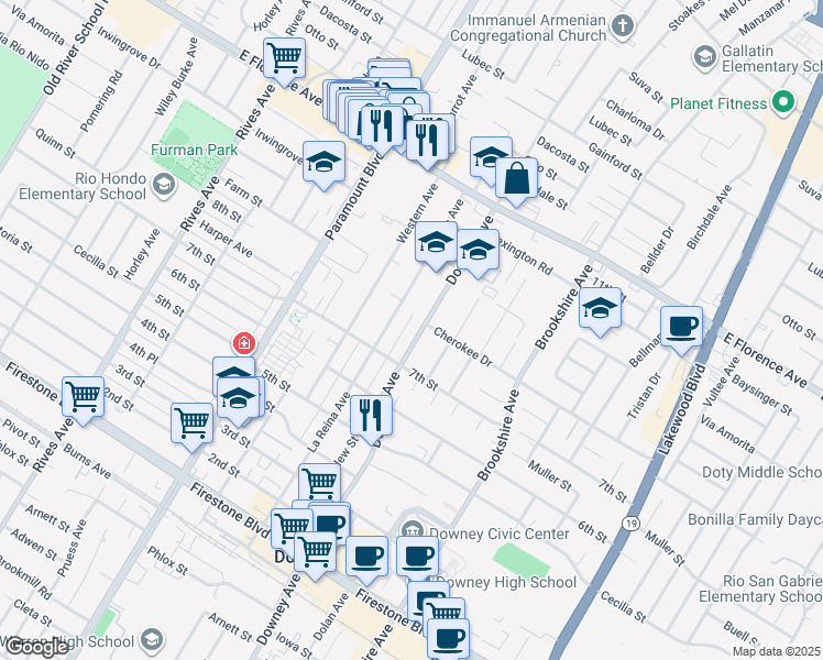 map of restaurants, bars, coffee shops, grocery stores, and more near 10500 La Reina Avenue in Downey