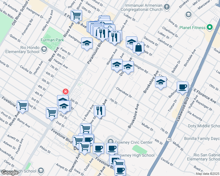 map of restaurants, bars, coffee shops, grocery stores, and more near 10515 Downey Avenue in Downey