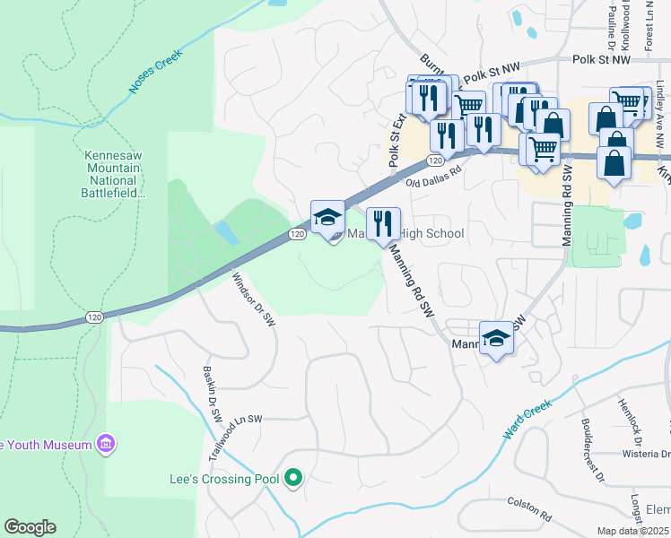 map of restaurants, bars, coffee shops, grocery stores, and more near 1171 Whitlock Avenue Southwest in Marietta