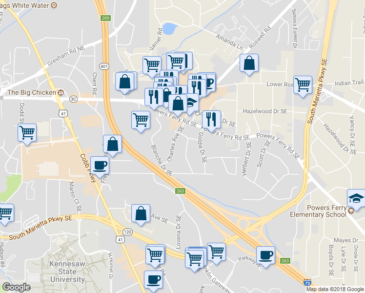 map of restaurants, bars, coffee shops, grocery stores, and more near 170 Mathews Circle Southeast in Marietta