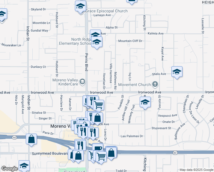 map of restaurants, bars, coffee shops, grocery stores, and more near 11959 Villa Hermosa in Moreno Valley
