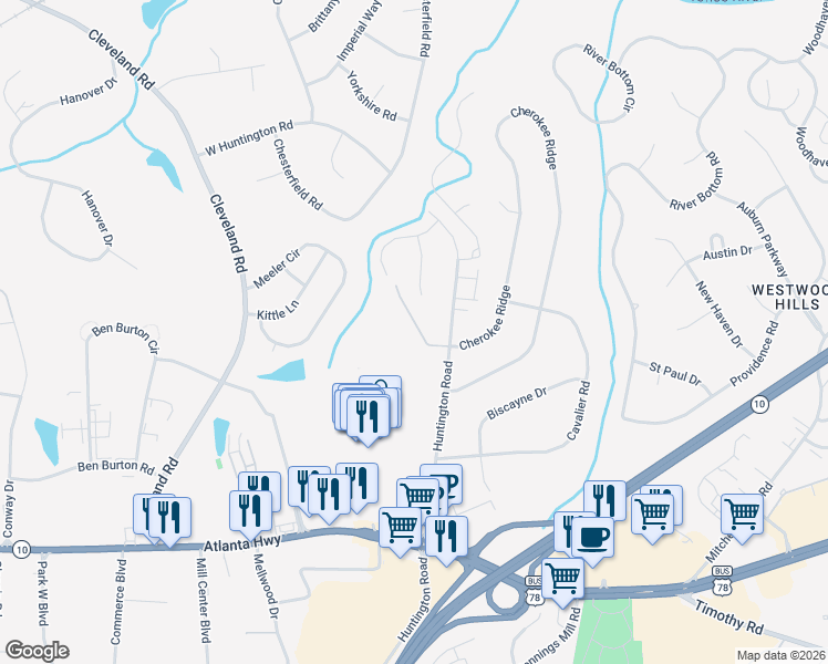 map of restaurants, bars, coffee shops, grocery stores, and more near 485 Huntington Road in Athens