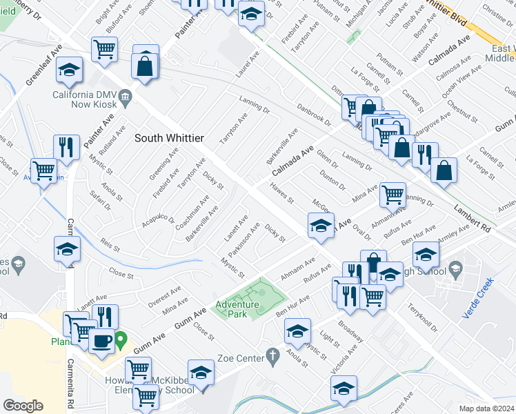 map of restaurants, bars, coffee shops, grocery stores, and more near 13830 Mulberry Drive in Whittier