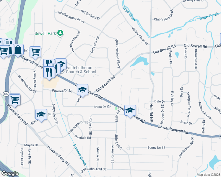 map of restaurants, bars, coffee shops, grocery stores, and more near 2300 Old Sewell Road in Marietta