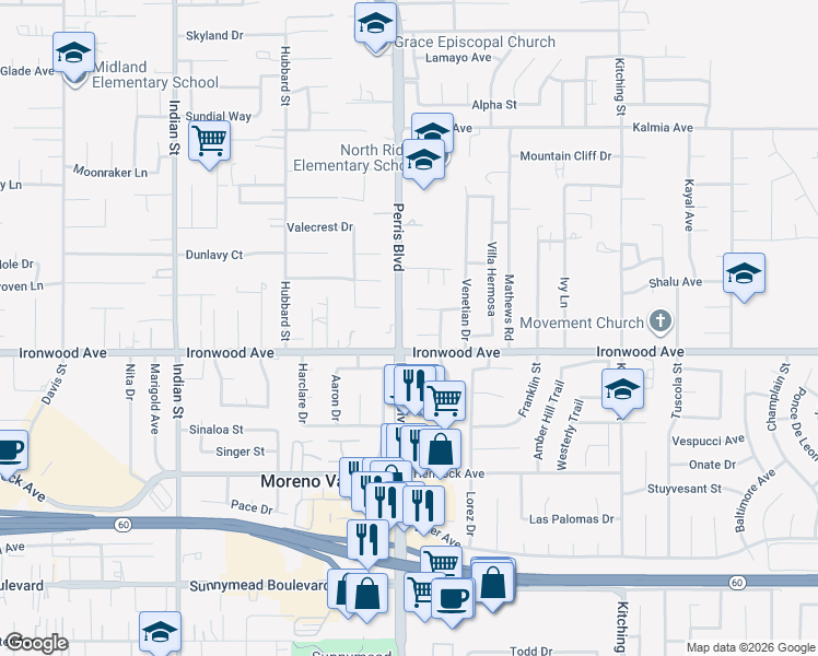 map of restaurants, bars, coffee shops, grocery stores, and more near 25032 Graduar Court in Moreno Valley