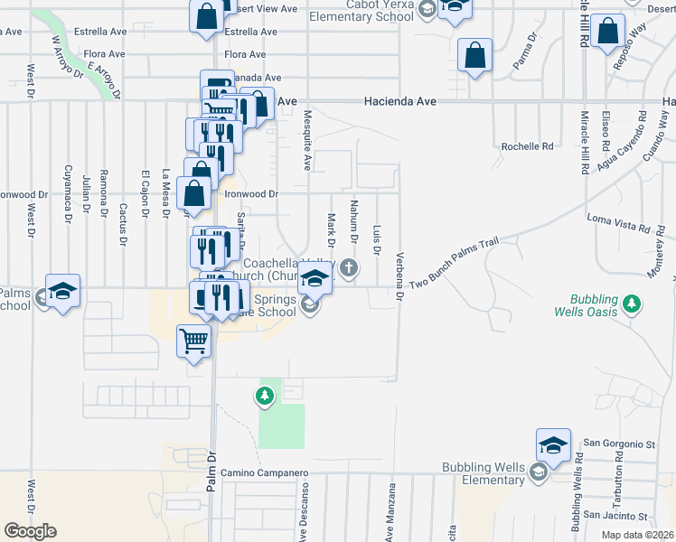 map of restaurants, bars, coffee shops, grocery stores, and more near 13915 Mark Drive in Desert Hot Springs