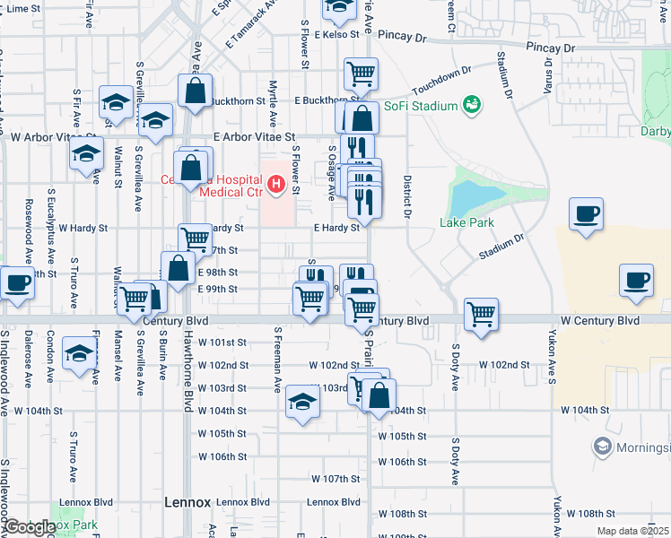 map of restaurants, bars, coffee shops, grocery stores, and more near 620 East 97th Street in Inglewood