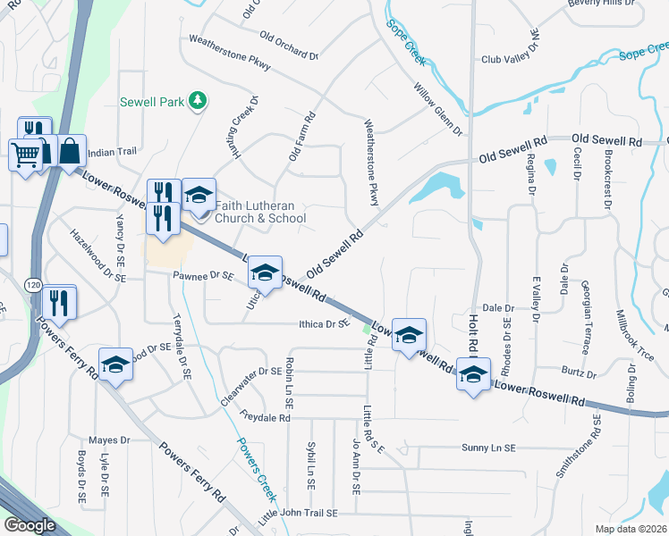 map of restaurants, bars, coffee shops, grocery stores, and more near 2280 Old Sewell Road in Marietta