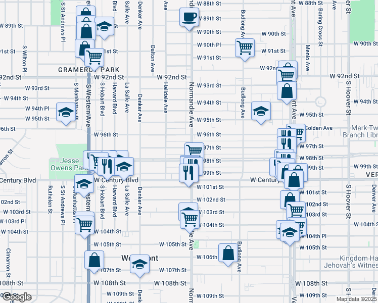 map of restaurants, bars, coffee shops, grocery stores, and more near 9705 Normandie Avenue in Los Angeles