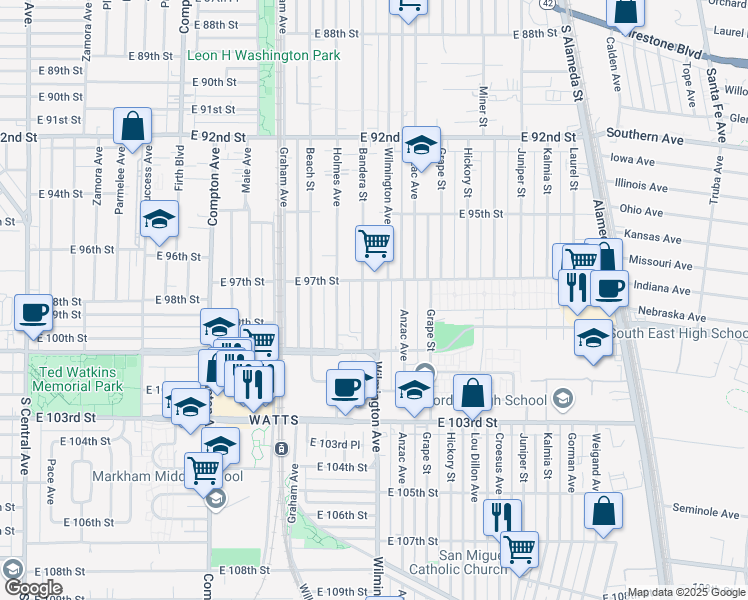 map of restaurants, bars, coffee shops, grocery stores, and more near 9721 Wilmington Avenue in Los Angeles