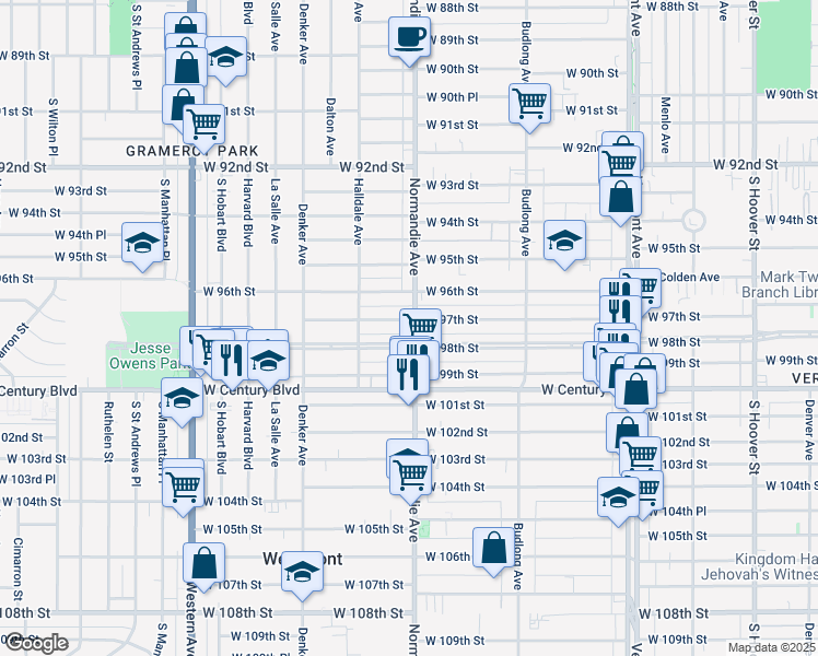 map of restaurants, bars, coffee shops, grocery stores, and more near 9705 Normandie Avenue in Los Angeles