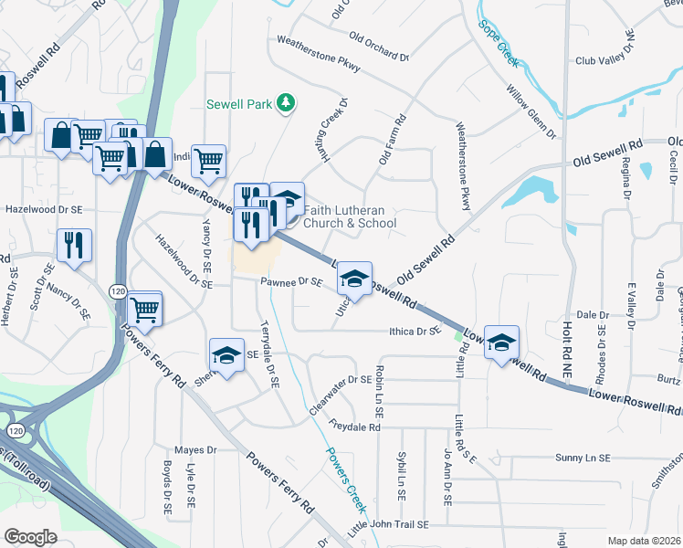 map of restaurants, bars, coffee shops, grocery stores, and more near 2175 Lower Roswell Road in Marietta