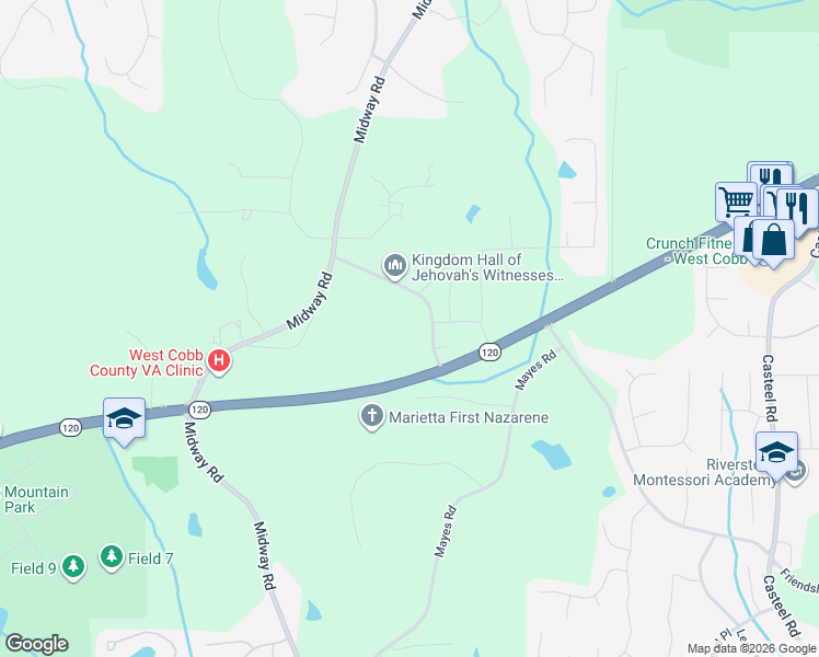 map of restaurants, bars, coffee shops, grocery stores, and more near 224 County Road Southwest in Marietta