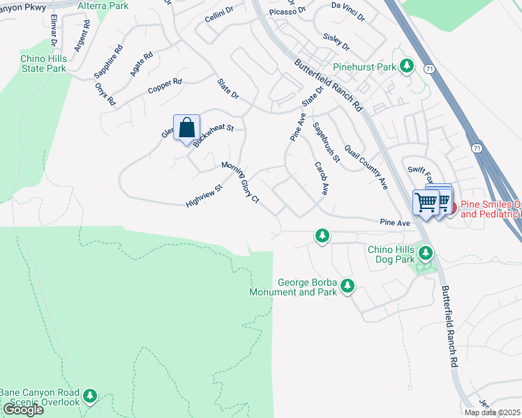 map of restaurants, bars, coffee shops, grocery stores, and more near 16848 Morning Glory Court in Chino Hills