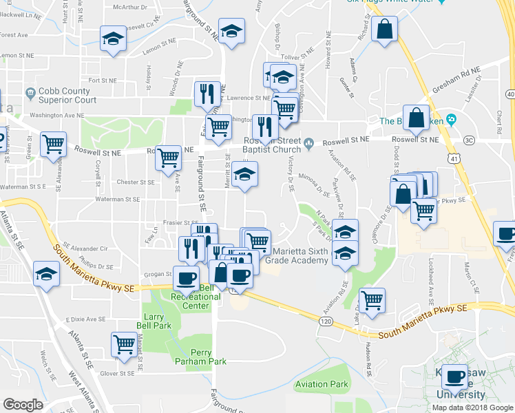 map of restaurants, bars, coffee shops, grocery stores, and more near 766 Frasier Circle Southeast in Marietta