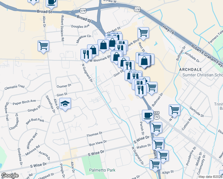map of restaurants, bars, coffee shops, grocery stores, and more near 804 Jessamine Trail in Sumter