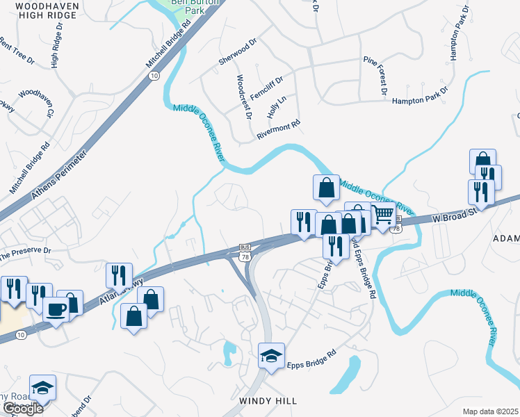 map of restaurants, bars, coffee shops, grocery stores, and more near 60 Tremont Parkway in Athens