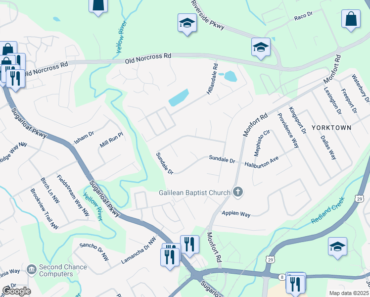 map of restaurants, bars, coffee shops, grocery stores, and more near 1721 Sundale Drive in Lawrenceville