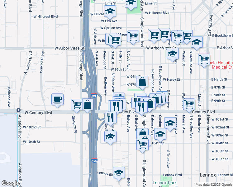 map of restaurants, bars, coffee shops, grocery stores, and more near 4947 West 98th Street in Inglewood