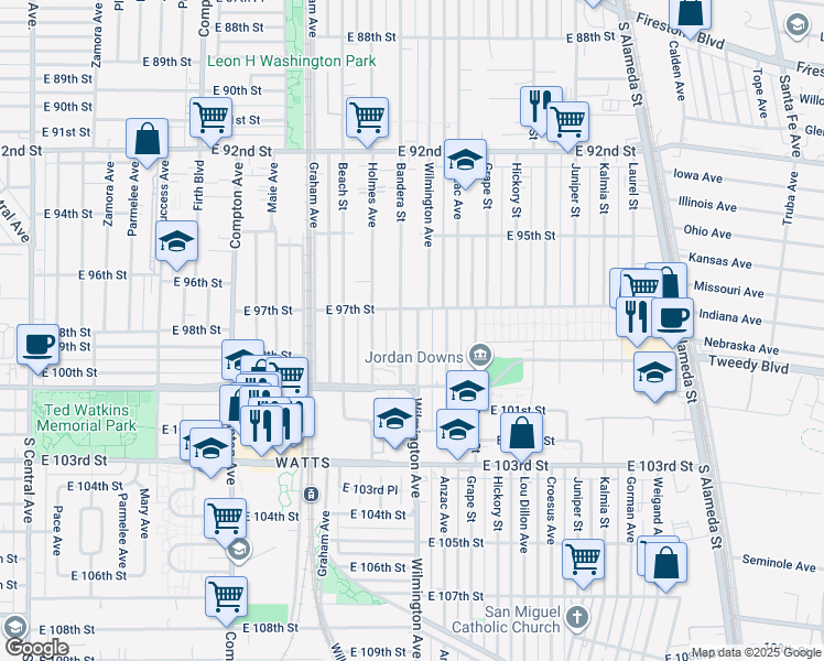 map of restaurants, bars, coffee shops, grocery stores, and more near 9721 Wilmington Avenue in Los Angeles