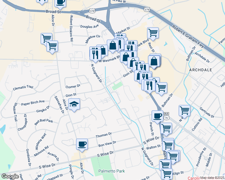 map of restaurants, bars, coffee shops, grocery stores, and more near 2008 Gion Street in Sumter