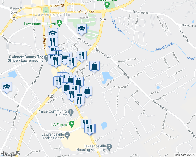 map of restaurants, bars, coffee shops, grocery stores, and more near 224 Yuba Walk in Lawrenceville