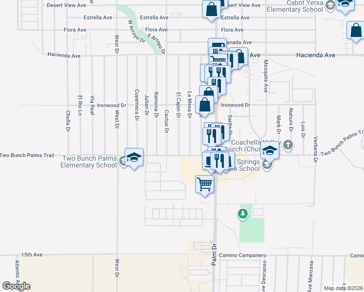 map of restaurants, bars, coffee shops, grocery stores, and more near 13902 El Cajon Drive in Desert Hot Springs