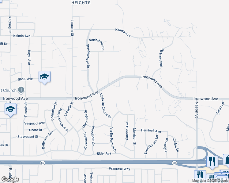 map of restaurants, bars, coffee shops, grocery stores, and more near 26371 Ironwood Avenue in Moreno Valley