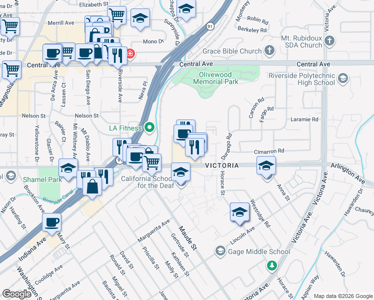 map of restaurants, bars, coffee shops, grocery stores, and more near 3333 Arlington Ave in Riverside