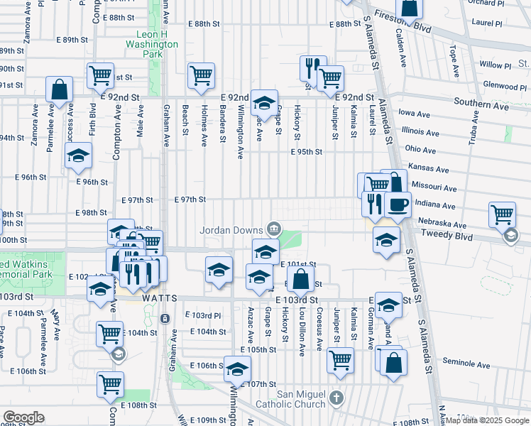 map of restaurants, bars, coffee shops, grocery stores, and more near 9708 Anzac Avenue in Los Angeles
