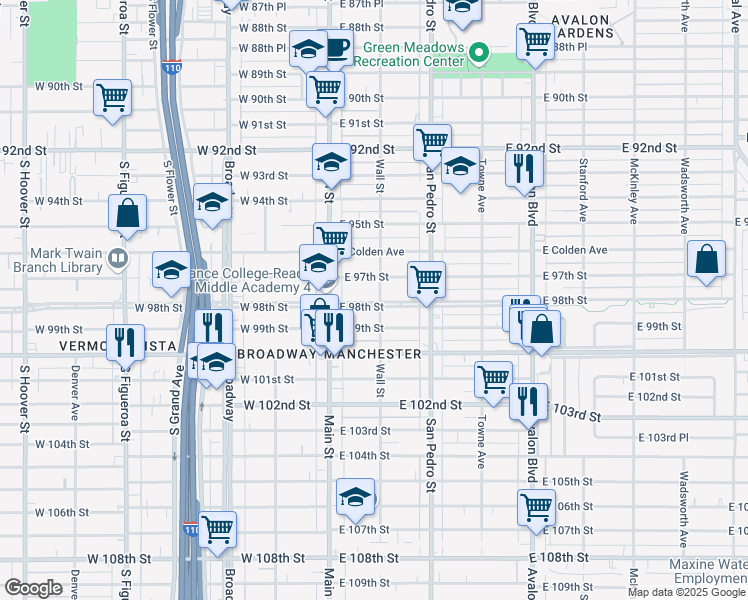 map of restaurants, bars, coffee shops, grocery stores, and more near 150 East 97th Street in Los Angeles