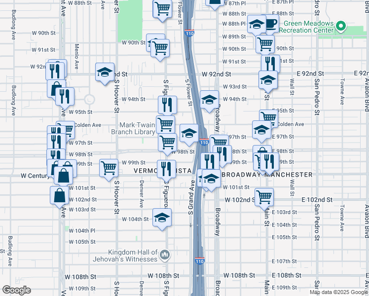 map of restaurants, bars, coffee shops, grocery stores, and more near 419 West 98th Street in Los Angeles