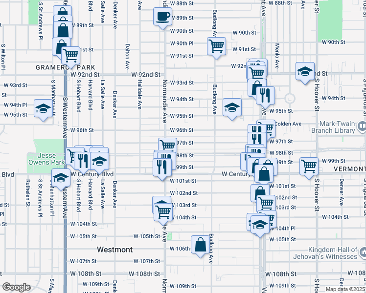 map of restaurants, bars, coffee shops, grocery stores, and more near 1327 West 97th Street in Los Angeles