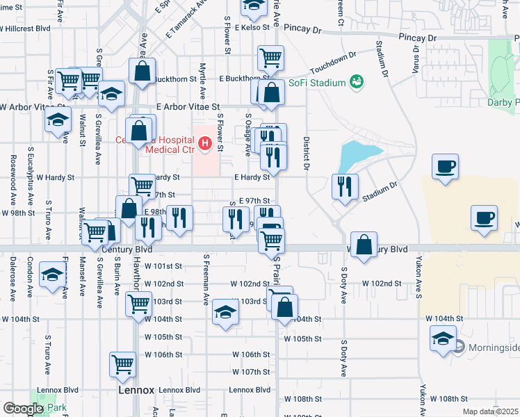 map of restaurants, bars, coffee shops, grocery stores, and more near 636 East 97th Street in Inglewood
