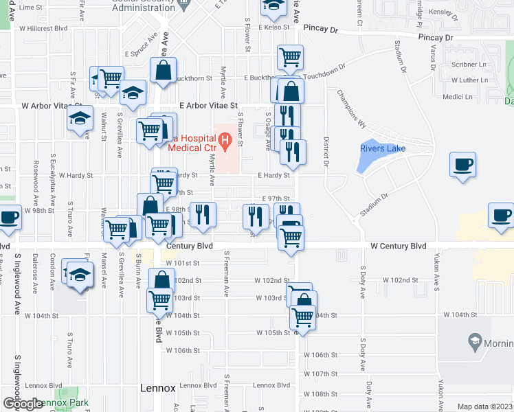 map of restaurants, bars, coffee shops, grocery stores, and more near 551 East 97th Street in Inglewood